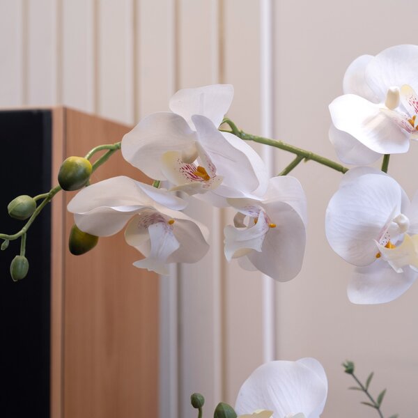 Artificial White Orchid with Eucalyptus in Glass Plant Pot