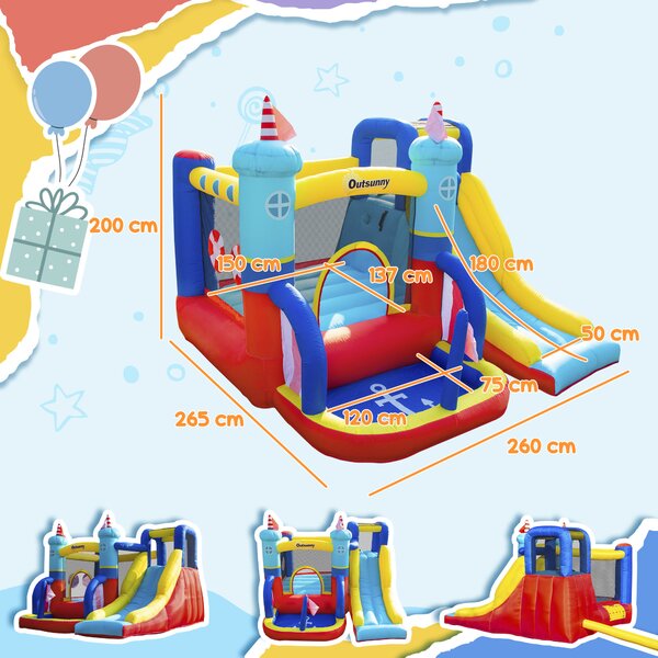 Outsunny 4 in 1 Kids Bounce Castle Large Sailboat Style Inflatable Slide Trampoline Water Pool Climbing Wall for Age 3-8, 2.65x2.6x2m Aosom UK