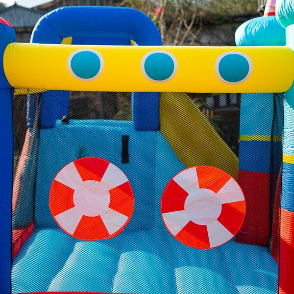 Outsunny 4 in 1 Kids Bounce Castle Large Sailboat Style Inflatable Slide Trampoline Water Pool Climbing Wall for Age 3-8, 2.65x2.6x2m Aosom UK