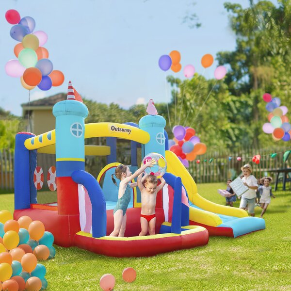 Outsunny 4 in 1 Kids Bounce Castle Large Sailboat Style Inflatable Slide Trampoline Water Pool Climbing Wall for Age 3-8, 2.65x2.6x2m Aosom UK