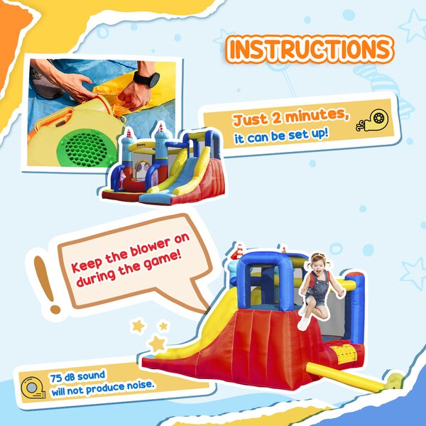 Outsunny 4 in 1 Kids Bounce Castle Large Sailboat Style Inflatable Slide Trampoline Water Pool Climbing Wall for Age 3-8, 2.65x2.6x2m Aosom UK