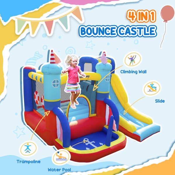 Outsunny 4 in 1 Kids Bounce Castle Large Sailboat Style Inflatable Slide Trampoline Water Pool Climbing Wall for Age 3-8, 2.65x2.6x2m Aosom UK