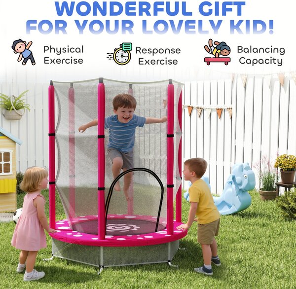 AIYAPLAY 4.6FT Toddler Trampoline w/ Safety Enclosure Net, for Indoor Outdoor Use, Ages 3-6 Years, Sun Pattern - Pink