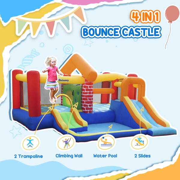 Outsunny 4 in 1 Kids Bounce Castle Extra Large Double Slides & Trampoline Design Inflatable House Pool Climbing Wall for Kids Age 3-8, 3.8x3.7x2.3m