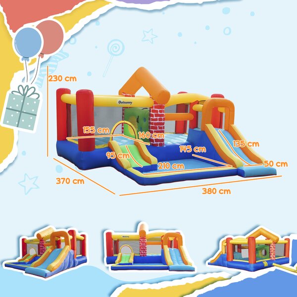 Outsunny 4 in 1 Kids Bounce Castle Extra Large Double Slides & Trampoline Design Inflatable House Pool Climbing Wall for Kids Age 3-8, 3.8x3.7x2.3m