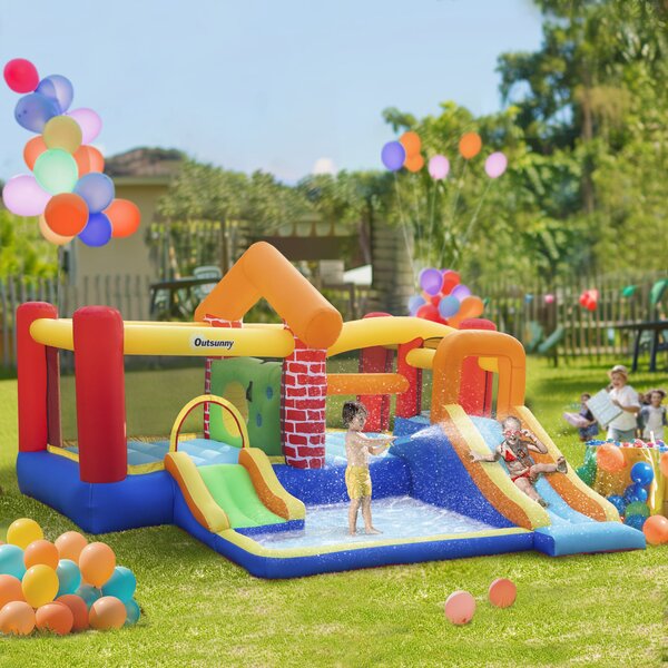 Outsunny 4 in 1 Kids Bounce Castle Extra Large Double Slides & Trampoline Design Inflatable House Pool Climbing Wall for Kids Age 3-8, 3.8x3.7x2.3m