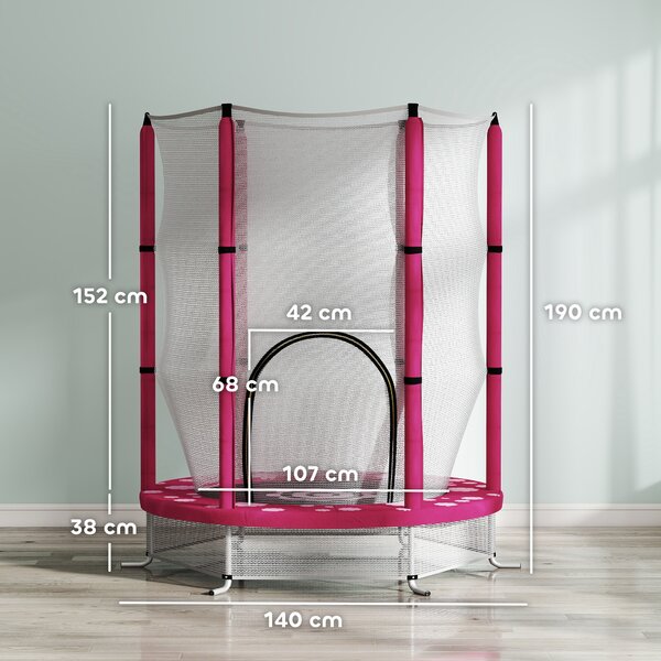AIYAPLAY 4.6FT Toddler Trampoline w/ Safety Enclosure Net, for Indoor Outdoor Use, Ages 3-6 Years, Sun Pattern - Pink