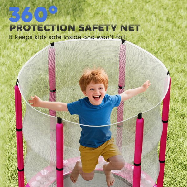 AIYAPLAY 4.6FT Toddler Trampoline w/ Safety Enclosure Net, for Indoor Outdoor Use, Ages 3-6 Years, Sun Pattern - Pink