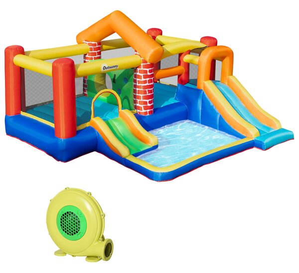 Outsunny 4 in 1 Kids Bounce Castle Extra Large Double Slides & Trampoline Design Inflatable House Pool Climbing Wall for Kids Age 3-8, 3.8x3.7x2.3m