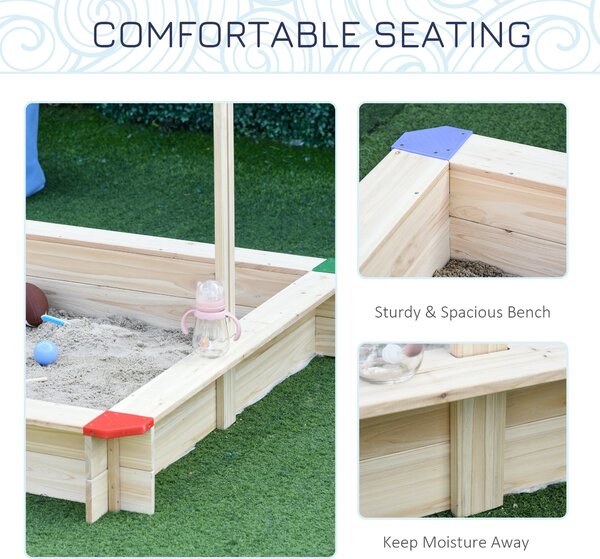 Outsunny Kids Wooden Sandpit Children Cabana Square Sandbox Outdoor Backyard Playset Play Station Adjustable Canopy Bench Seat 120x120x120cm