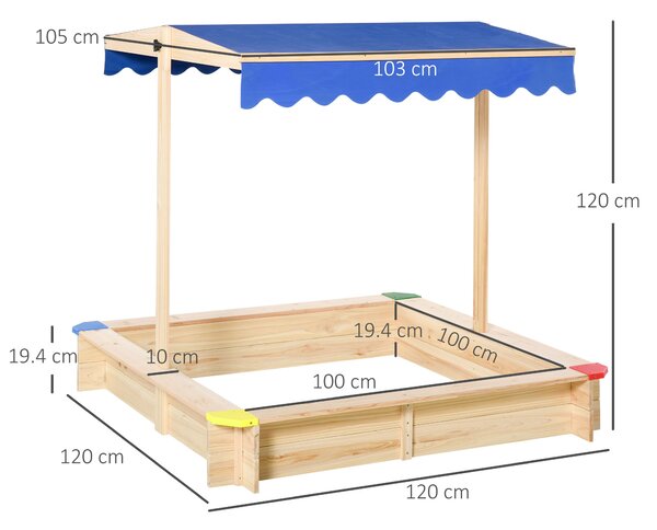 Outsunny Kids Wooden Sandpit Children Cabana Square Sandbox Outdoor Backyard Playset Play Station Adjustable Canopy Bench Seat 120x120x120cm