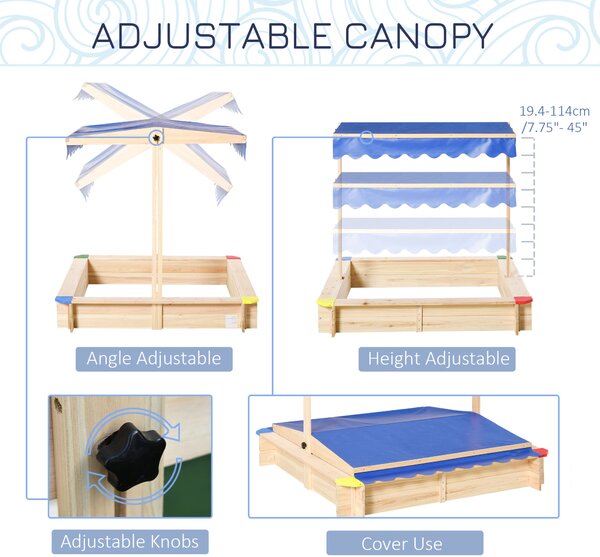 Outsunny Kids Wooden Sandpit Children Cabana Square Sandbox Outdoor Backyard Playset Play Station Adjustable Canopy Bench Seat 120x120x120cm