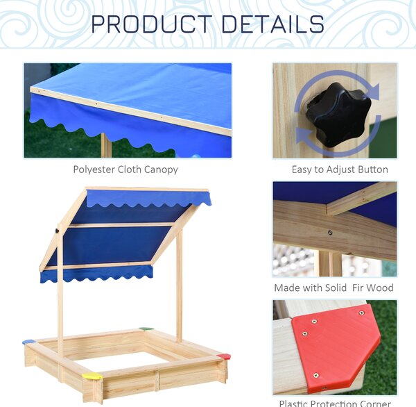 Outsunny Kids Wooden Sandpit Children Cabana Square Sandbox Outdoor Backyard Playset Play Station Adjustable Canopy Bench Seat 120x120x120cm