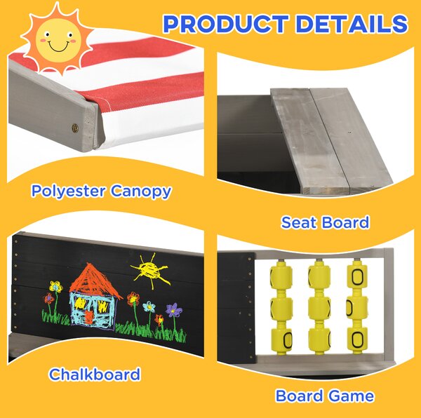 Outsunny Children's Wooden Sandpit with Protective Canopy and Seating, Outdoor Play Area, Grey
