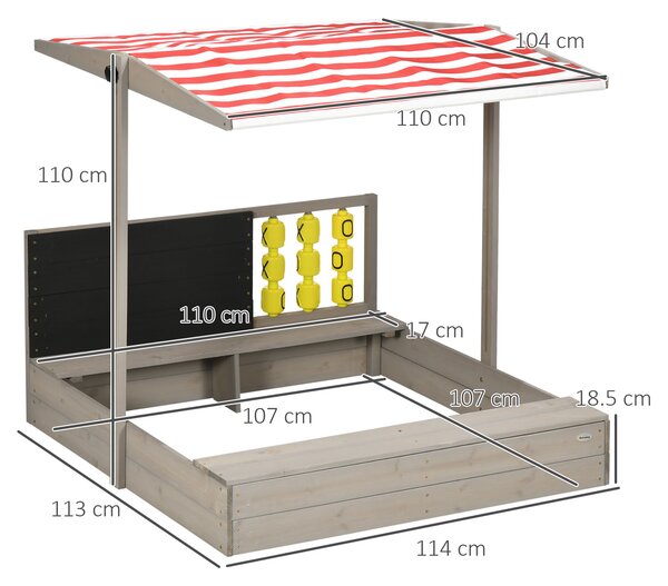 Outsunny Children's Wooden Sandpit with Protective Canopy and Seating, Outdoor Play Area, Grey