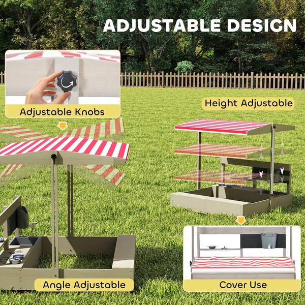 Outsunny Kids Wooden Sandbox w/ Canopy, Kitchen Toys, Seat, Storage, for 3-7 Years Old Outdoor Play