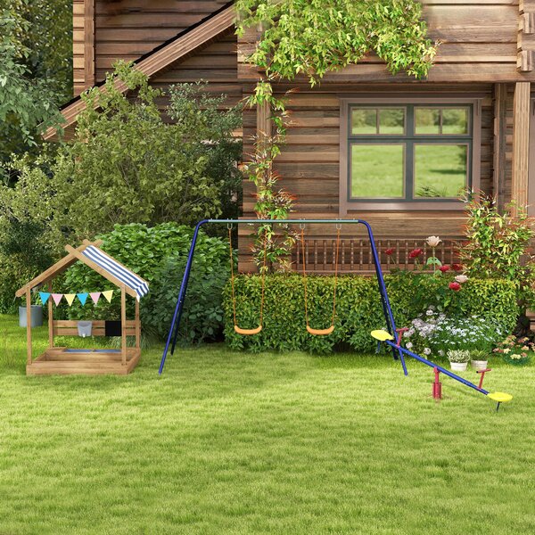 Outsunny Wooden Sandbox with Canopy House Design Brown Aosom UK