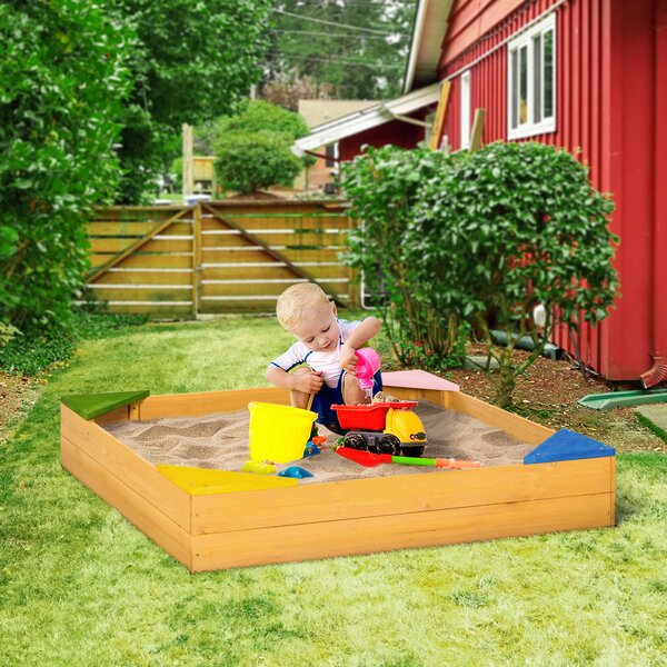 Outsunny Kids Wooden Sand Pit, Children Sandbox, with Four Seats, Non-Woven Fabric, for Gardens, Playgrounds Aosom UK