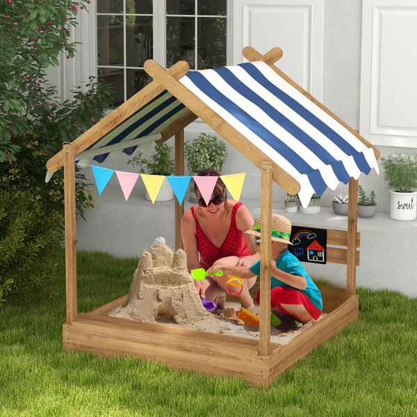 Outsunny Wooden Sandbox with Canopy House Design Brown Aosom UK