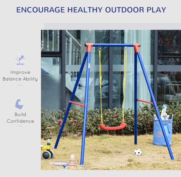 Outsunny Metal Swing Set with Seat Adjustable Rope Heavy Duty A-Frame Stand Backyard Outdoor Playset for Kids Fun 6-12 Years Old Blue