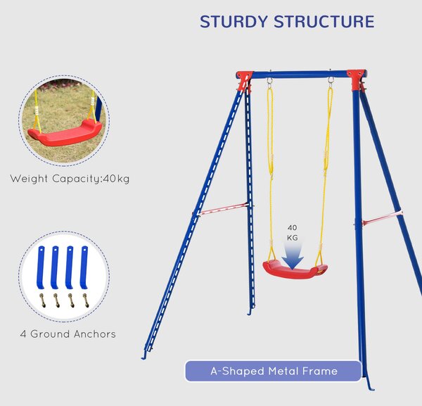 Outsunny Metal Swing Set with Seat Adjustable Rope Heavy Duty A-Frame Stand Backyard Outdoor Playset for Kids Fun 6-12 Years Old Blue