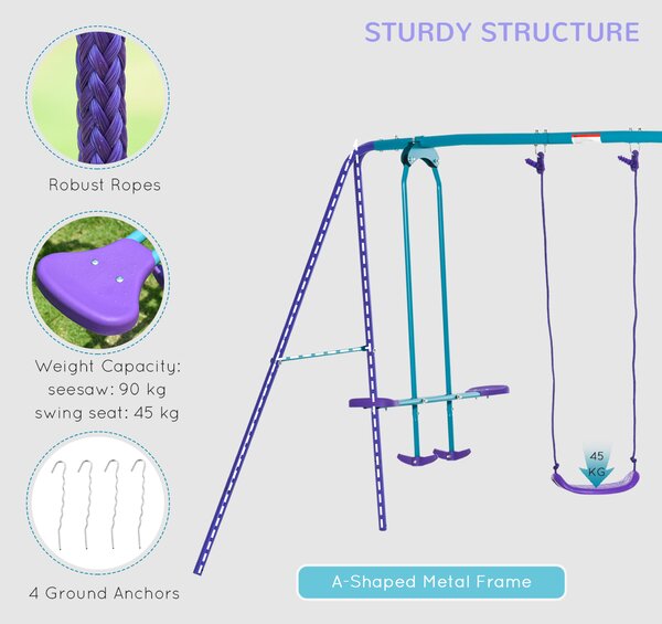 Outsunny Height Adjustable Metal Swing Set with Glider, Two Swing Seats and Adjustable Height, Outdoor Heavy Duty A-Frame