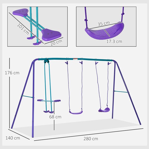 Outsunny Height Adjustable Metal Swing Set with Glider, Two Swing Seats and Adjustable Height, Outdoor Heavy Duty A-Frame