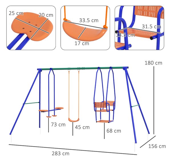 Outsunny 3 in 1 Metal Kids Swing Set with Swing Glider Rocking Chair Orange