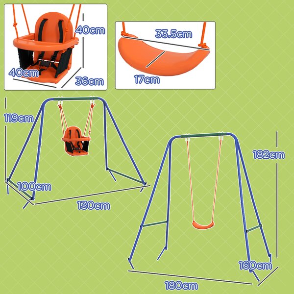 Outsunny Nursery Swing Set: 2-in-1 Metal Frame with Cosy Seat & Safety Belt, Vibrant Orange Hue