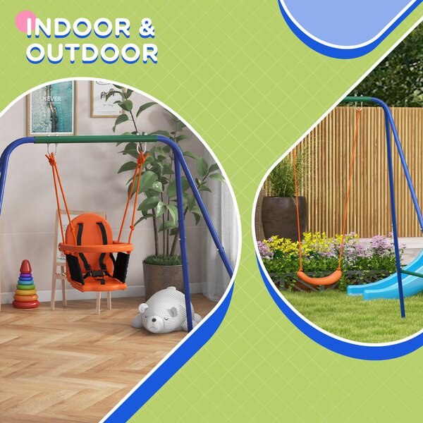 Outsunny Nursery Swing Set: 2-in-1 Metal Frame with Cosy Seat & Safety Belt, Vibrant Orange Hue