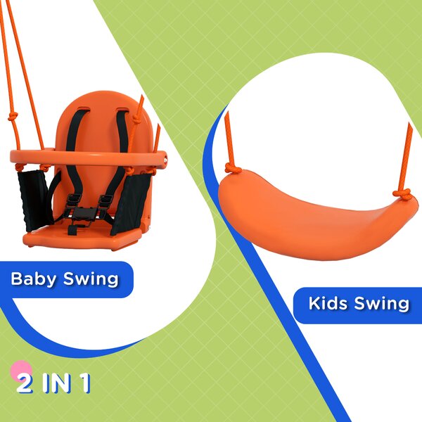 Outsunny Nursery Swing Set: 2-in-1 Metal Frame with Cosy Seat & Safety Belt, Vibrant Orange Hue