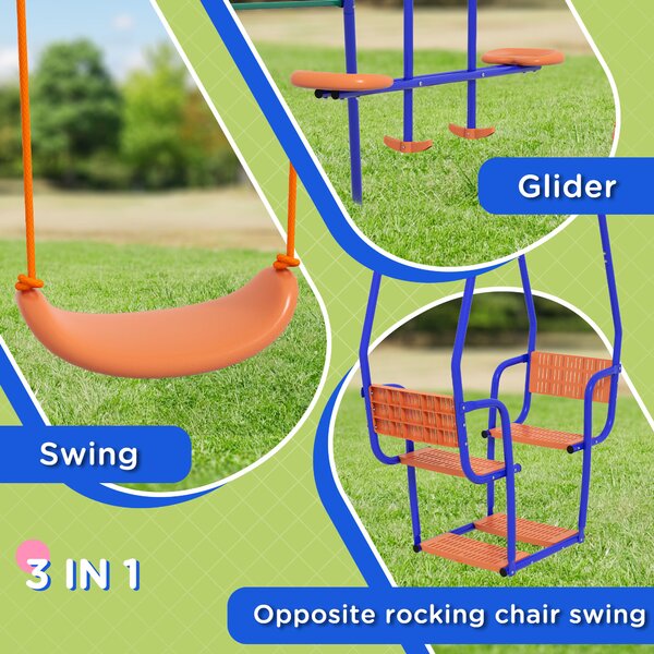 Outsunny 3 in 1 Metal Kids Swing Set with Swing Glider Rocking Chair Orange