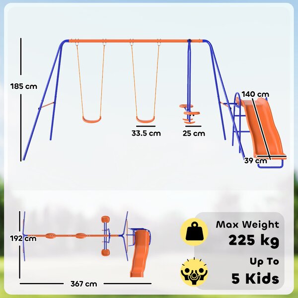 Outsunny 4 in 1 Metal Garden Swing Set with Double Swings Glider Slide Ladder Orange
