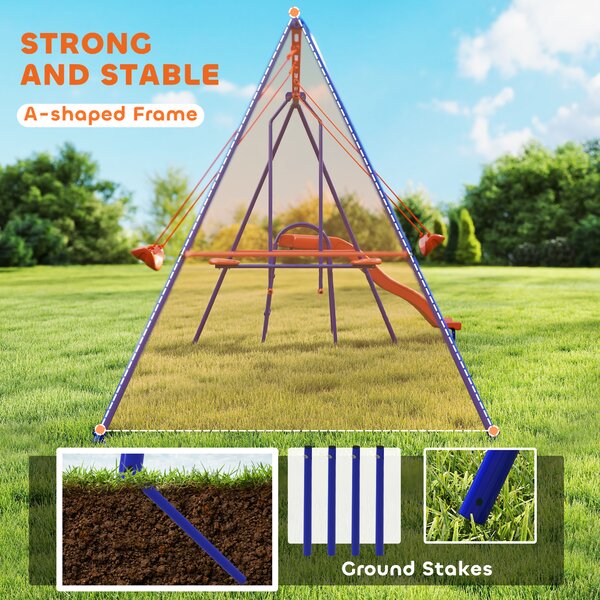 Outsunny 4 in 1 Metal Garden Swing Set with Double Swings Glider Slide Ladder Orange
