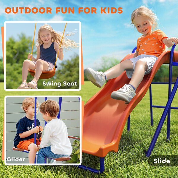Outsunny 4 in 1 Metal Garden Swing Set with Double Swings Glider Slide Ladder Orange