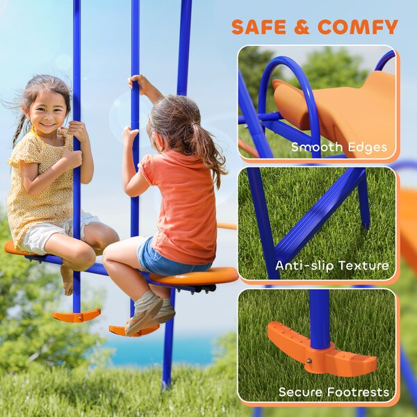 Outsunny 4 in 1 Metal Garden Swing Set with Double Swings Glider Slide Ladder Orange