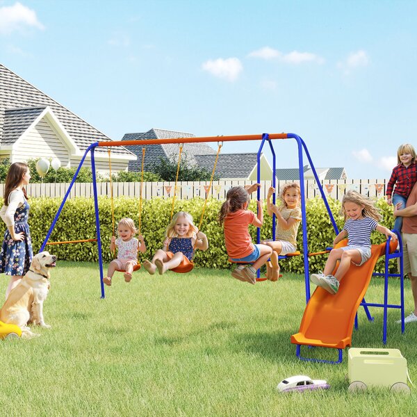 Outsunny 4 in 1 Metal Garden Swing Set with Double Swings Glider Slide Ladder Orange