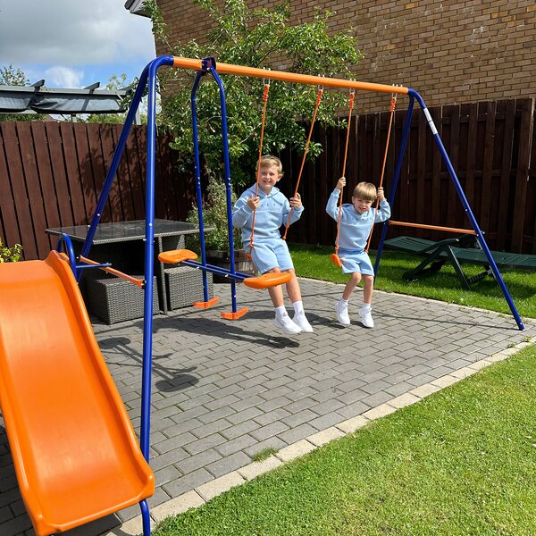 Outsunny 4 in 1 Metal Garden Swing Set with Double Swings Glider Slide Ladder Orange