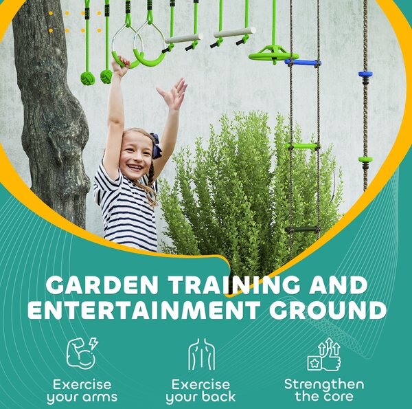 AIYAPLAY Obstacle Course for Kids with 10PCs Slackline Kit, with Monkey Bars, Gym Rings, Rope Ladder, Nest Swing, Hanging Tray