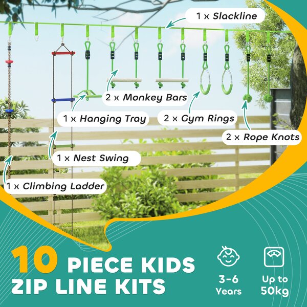 AIYAPLAY Obstacle Course for Kids with 10PCs Slackline Kit, with Monkey Bars, Gym Rings, Rope Ladder, Nest Swing, Hanging Tray