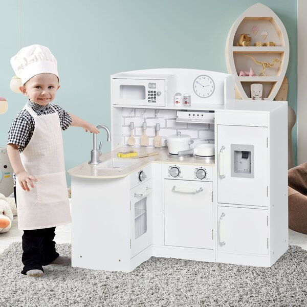 HOMCOM Kids Play Kitchen Wooden Toy Kitchen Cooking Set for Children with Drinking Fountain, Microwave, and Fridge White Aosom UK