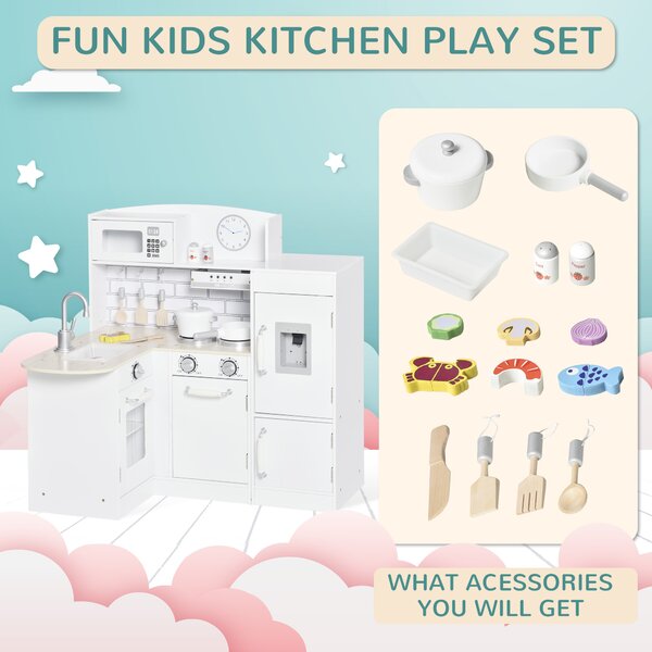 HOMCOM Kids Play Kitchen Wooden Toy Kitchen Cooking Set for Children with Drinking Fountain, Microwave, and Fridge White Aosom UK