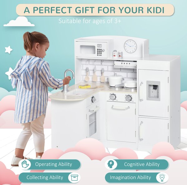HOMCOM Kids Play Kitchen Wooden Toy Kitchen Cooking Set for Children with Drinking Fountain, Microwave, and Fridge White Aosom UK