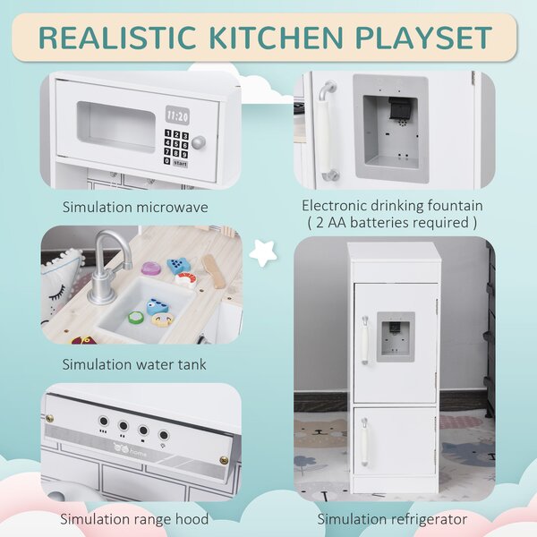 HOMCOM Kids Play Kitchen Wooden Toy Kitchen Cooking Set for Children with Drinking Fountain, Microwave, and Fridge White Aosom UK