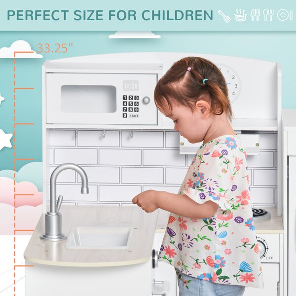 HOMCOM Kids Play Kitchen Wooden Toy Kitchen Cooking Set for Children with Drinking Fountain, Microwave, and Fridge White Aosom UK