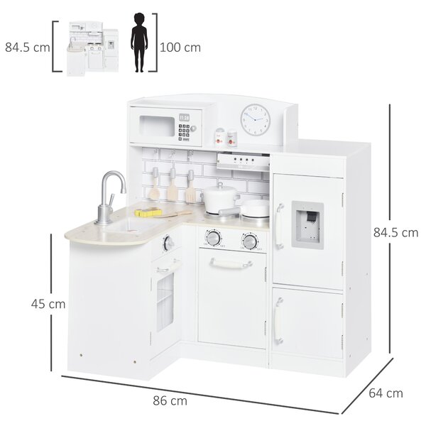 HOMCOM Kids Play Kitchen Wooden Toy Kitchen Cooking Set for Children with Drinking Fountain, Microwave, and Fridge White Aosom UK