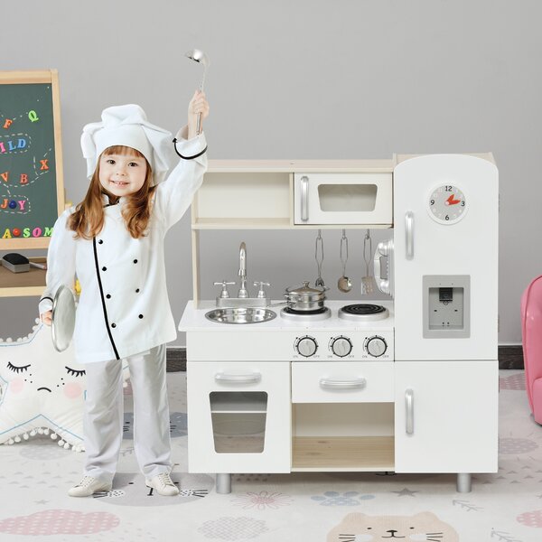HOMCOM Kids Kitchen Playset Luxury Kitchen Accessories Set Pretend Cooking Set with Telephone Ice Machine, White Aosom UK