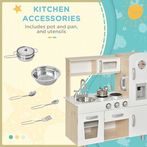 HOMCOM Kids Kitchen Playset Luxury Kitchen Accessories Set Pretend Cooking Set with Telephone Ice Machine, White Aosom UK