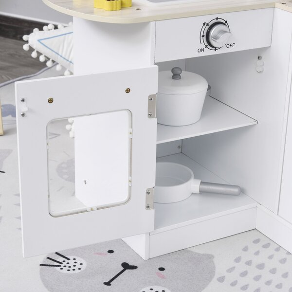 HOMCOM Kids Play Kitchen Wooden Toy Kitchen Cooking Set for Children with Drinking Fountain, Microwave, and Fridge White Aosom UK