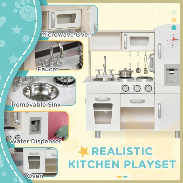 HOMCOM Kids Kitchen Playset Luxury Kitchen Accessories Set Pretend Cooking Set with Telephone Ice Machine, White Aosom UK